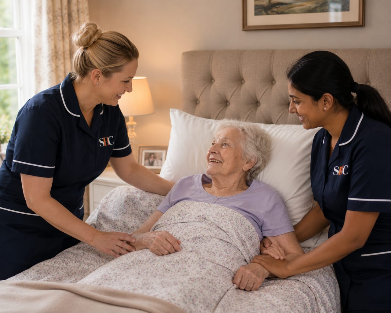 Senior Health Care carers providing dedicated live-in support at a client's bedside