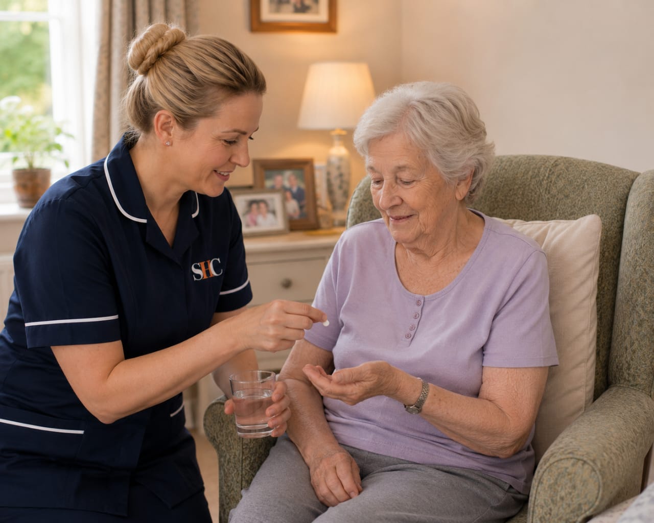 Senior Health Care carer administering medication with care and dignity