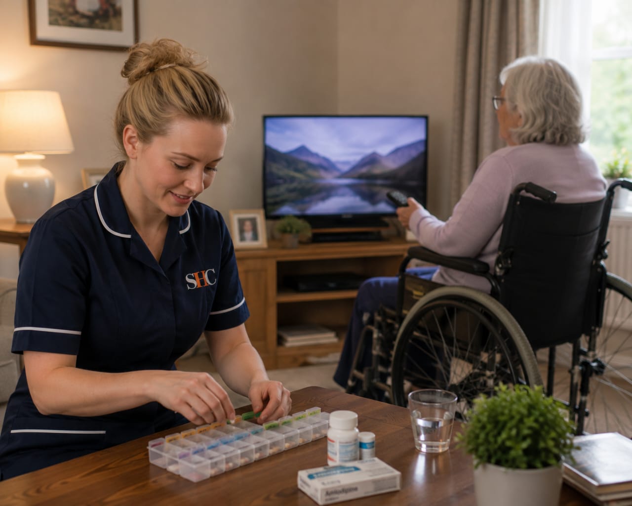 Senior Health Care carer organizing a client's weekly medication