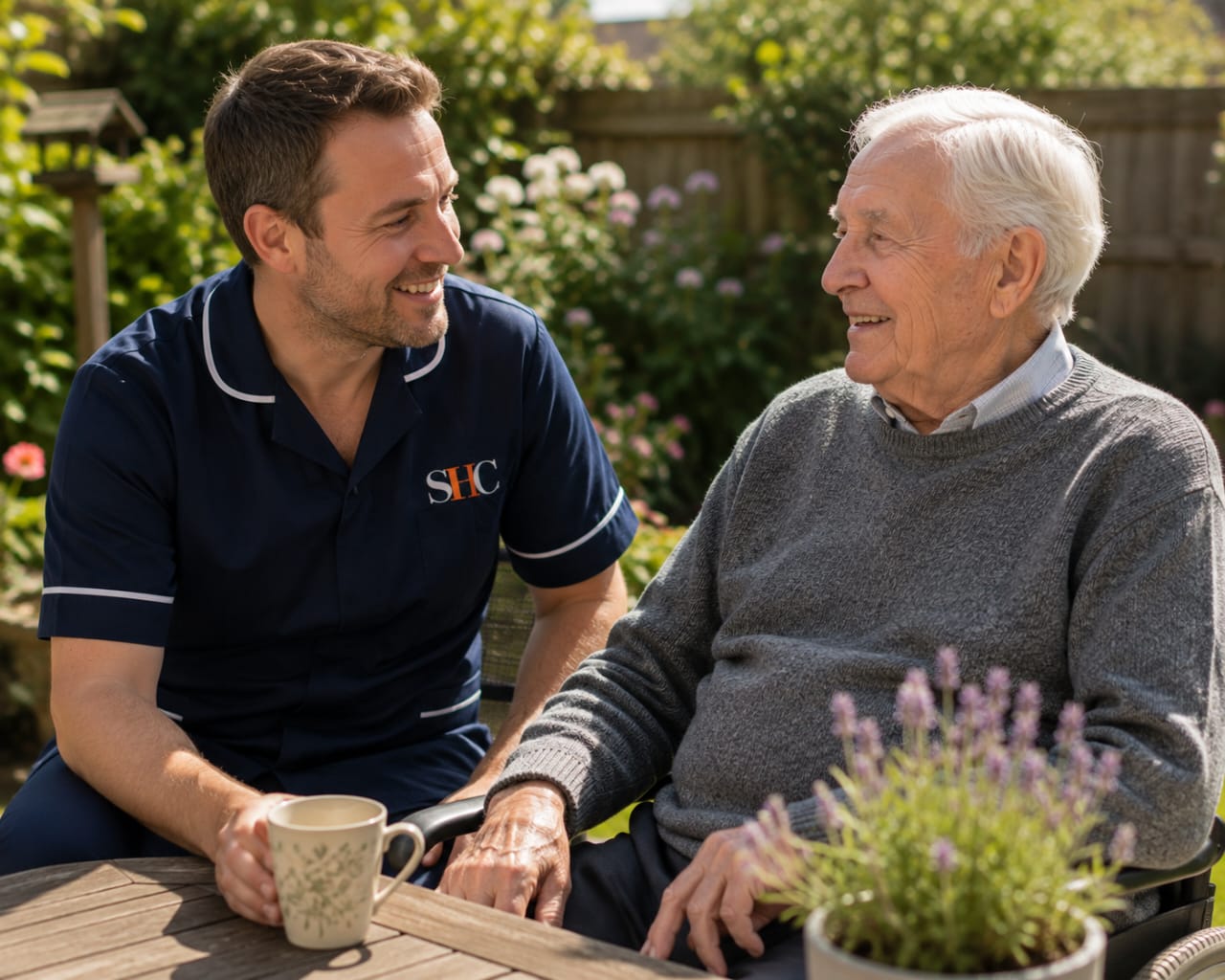 Senior Health Care carer in conversation with a client in the garden