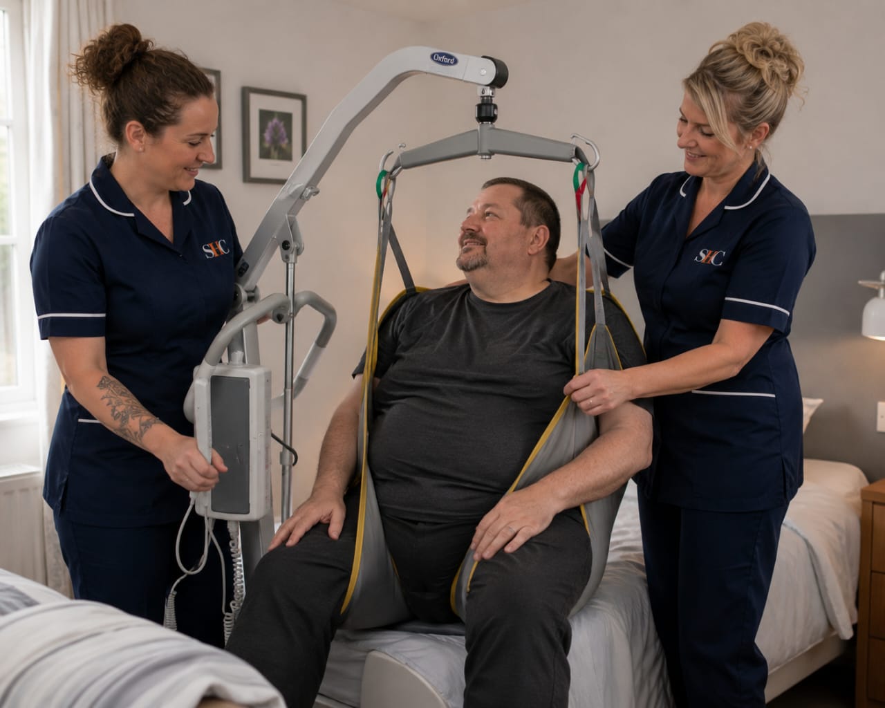Senior Health Care carers providing hoist support during recovery
