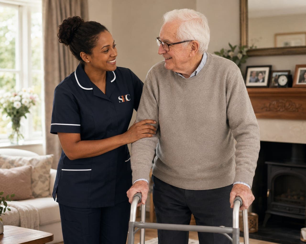 A carer providing mobility support to a client at home